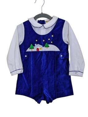 Vintage Blue Velour Toddler 18M Romper Retro Applique Snowy Landscape Pleats
